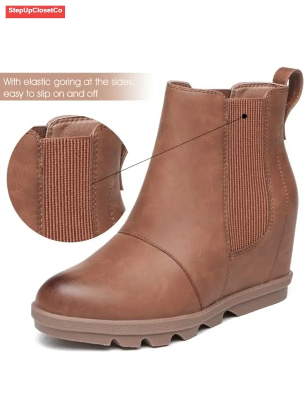Women's Hidden Heel Chelsea Ankle Wedge Boots Faux Leather Slip-On